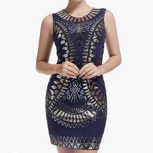 Unique, exquisite beads & sequins embellished 1920's style flapper dress. Sz. XL